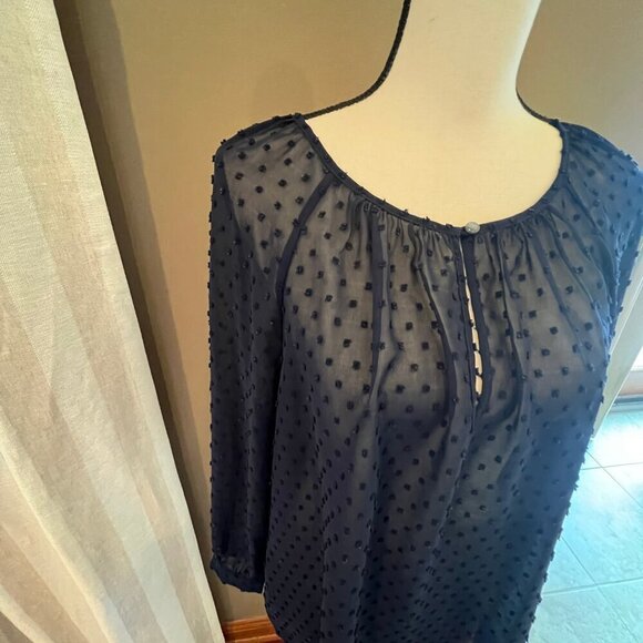 J. Crew Navy Swiss Dotted Long Sleeve Button Keyhole Sheer Blouse, Size Medium - Picture 2 of 9